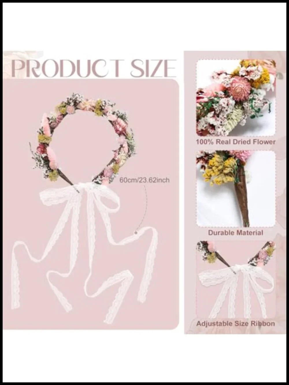 Dried Flower Wedding Headband Hair Accessory Adjustable Ribbon